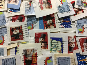 50 Snowman Postage Stamps, Used craft supplies, holiday, ephemera