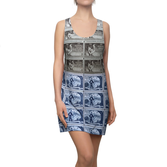 Women's Chicken and Farmer Vintage Postage Stamp Racerback Dress
