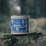 George Washington & Benjamin Franklin 1947 USA Vintage Postage Stamp Enamel Camping Mug