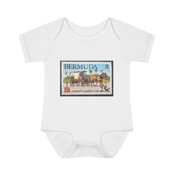 Horse & Carriage Bermuda Stamp Baby Onesie