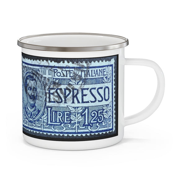Espresso Blue Italy Vintage Postage Stamp Enamel Camping Mug