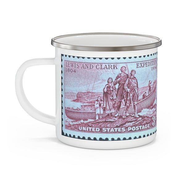 Lewis & Clark Expedition 1954 USA Vintage Postage Stamp Enamel Camping Mug