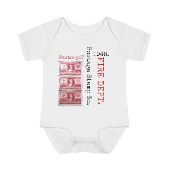 Fire Dept., Fire Fighter 1948 Postage Stamp - Infant Baby Rib Bodysuit 0M - 24Mo