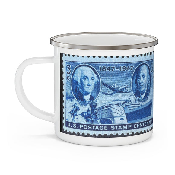 George Washington & Benjamin Franklin 1947 USA Vintage Postage Stamp Enamel Camping Mug