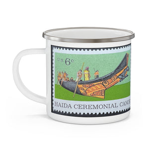 Haida Ceremonial Canoe Vintage Postage Stamp Enamel Camping Mug