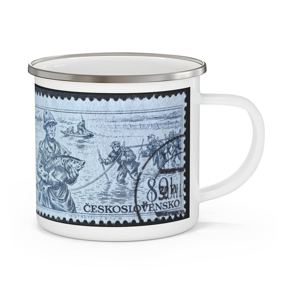 Fisherman Fishing Vintage Postage Stamp Enamel Camping Mug