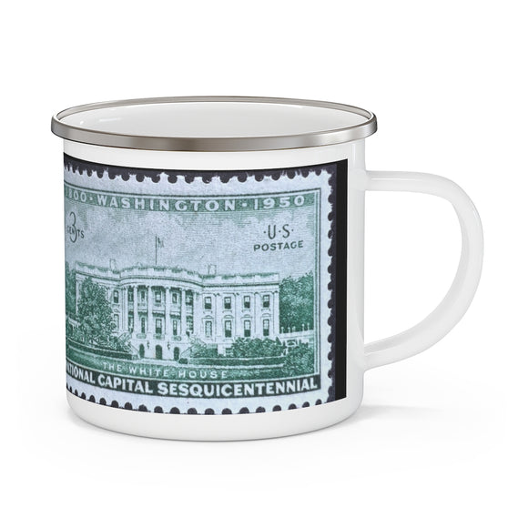 White House 1950s Vintage Postage Stamp Enamel Camping Mug