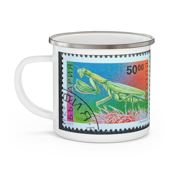 Praying Mantis Bug Vintage Postage Stamp Enamel Camping Mug