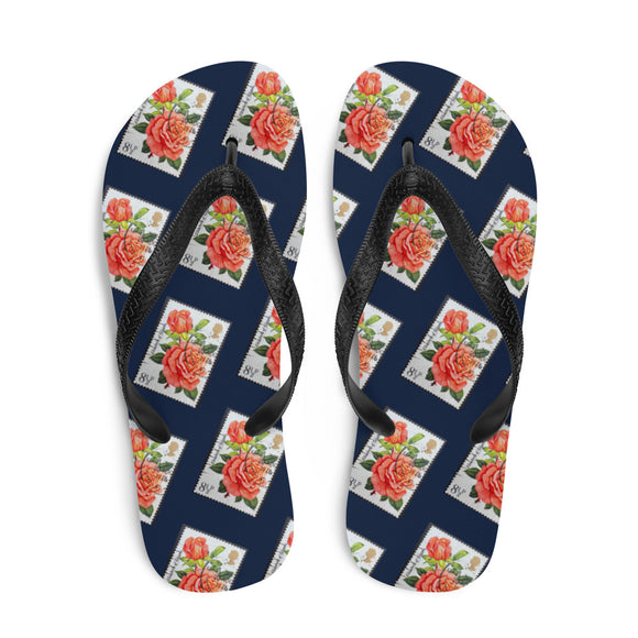 Rose on Blue Flip Flops